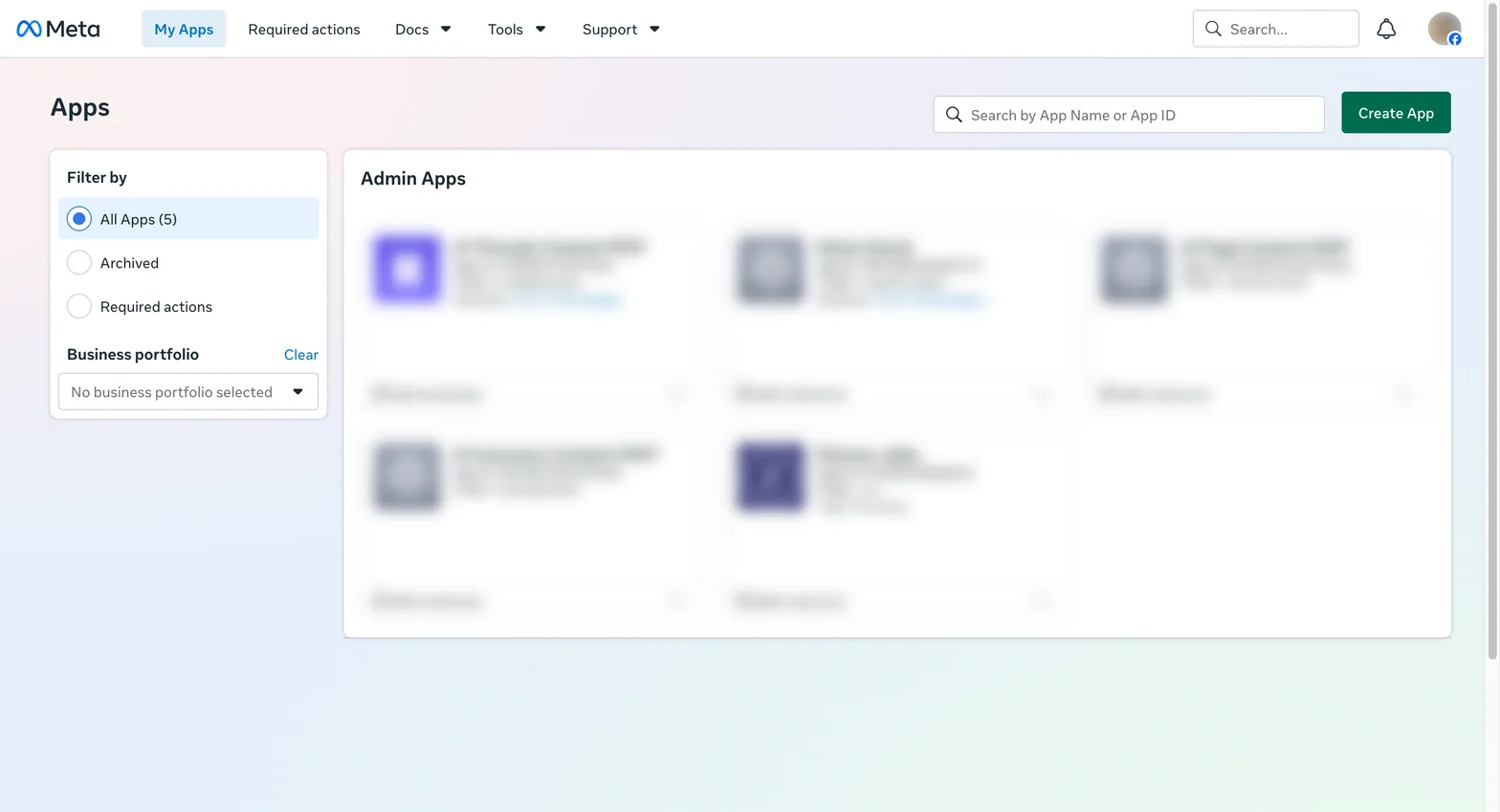Meta 開發者後台的 My Apps 頁面,右上角是 Create App 按鈕
